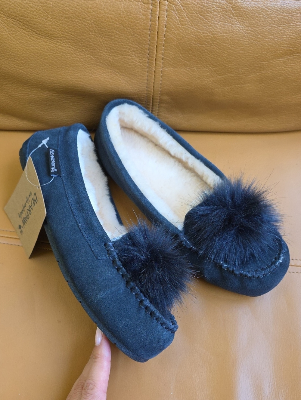 BearPaw Women's  Pom Real-Fur Lined Moccasin Slippers
